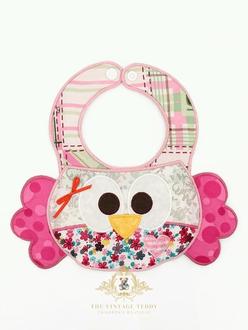 NWT Adorable Girl Boutique Embroidered Patchwork Baby Bib Floral Polkadots Owl